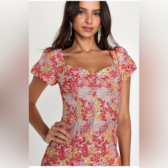 Lulus Sweetest Essence Blush Floral Jacquard Puff Sleeve Mini Cocktail Dress - Picture 2 of 8